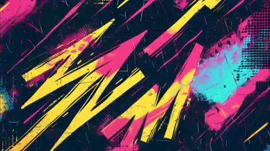 Grunge soyut yıldırım arkaplanı, çapraz fırça darbeleri, enerjik zigzag şekilleri, neon sarı cyan renkleri, sıkıntılı doku, dinamik hareket tasarımı, anlamlı mizah tarzı animasyon arkaplanı