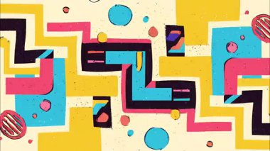 Soyut geometrik arkaplan, renkli blok şekilleri, kalın dikdörtgenler, zigzag formları, düz tasarım deseni, oyuncu kompozisyon, parlak sarı pembe palet, retro grafik tarzı, modern soyut animasyon arkaplanı