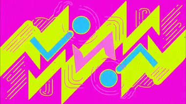 Soyut zigzag ışık deseni, neon yeşil enerji şekilleri, pembe arkaplan, kalın çizgi film geometrisi, retro Memphis grafik tarzı, dinamik elektrik hareketi, renkli pop sanat animasyonu