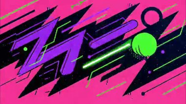 Soyut çizgi film hareketi, mor neon zigzag şekilleri, pembe arkaplan, vektör elektrik enerjisi, komik güç sembolleri, dinamik fütüristik animasyon, keskin grafik çizgiler, kalın soyut hareket arkaplanı