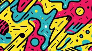 Soyut karikatür desenli arka plan, kalın organik şekiller, sarı mavimsi pembe palet, oyuncu el çizimi kompozisyon, dinamik hareket dokusu, modern grafik soyut çizim