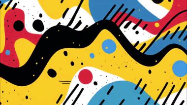 Soyut çizgi film dalgaları deseni, dalgalı siyah eğri, renkli noktalar ve şekiller, oyuncu pop sanat arka planı, kalın grafik çizim dokusu