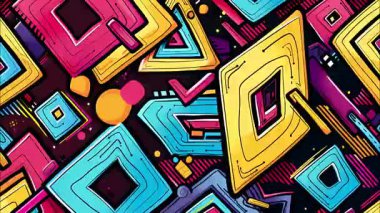 Geometrik pop sanat deseni, katmanlı elmas şekilleri, renkli karikatür blokları, kalın soyut doku, retro karikatür tarzı, canlı el çizimi grafik arkaplan