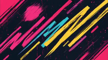 Soyut çapraz boya çizgileri, neon fırça çizgileri, renkli grunge dokusu, dinamik hareket arkaplanı, anlamlı el çizimleri, kalın komik enerji kompozisyonu