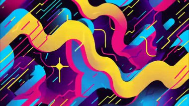 Funk düz vektör pop sanat karikatürü geometrik 2D şekiller soyut retro arkaplan, koyu mavi mor taban, sarı cyan morumsu yeşil dalgalı organik çizgiler çizgiler, zikzak çizgileri lekeler, kaotik labirent labirent graffiti enerjisi