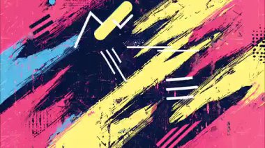 graffiti sokak sanatı komedi tarzı pop sanat karikatürü geometrik 2D şekiller funky düz vektör retro arkaplan, pembe taban, siyah sarı cyan mavi beyaz fırça darbesi zikzak çizgileri çizgiler noktalar damlalar, el çizilmiş grunge sıkıntılı doku