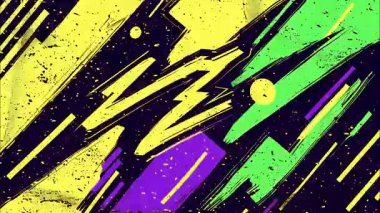 Çizgi roman stili pop sanat karikatürü Geometrik 2D şekiller funky düz vektör soyut arka plan, sarı taban, siyah cyan yeşil mor çizgiler pembe koyu renkli zigzag çizgiler damlalar nokta çizgileri çizgileri kaotik graffiti sokak sanat el çizimi grunge