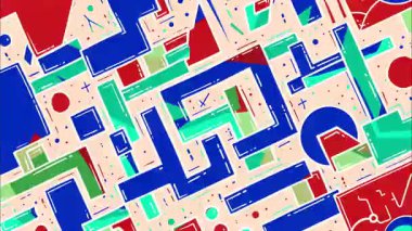 eğlenceli retro pop sanat çizgi filmi geometrik 2D şekiller funky düz vektör soyut arka plan, bej taban, mavi kırmızı cyan yeşil turuncu dikdörtgen çizgiler çizgiler çizgiler zigzaglar, kaotik Memphis katmanlı labirent deseni
