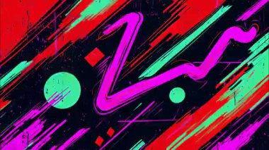 Çizgi roman ana hatları pop sanat karikatürü geometrik 2D şekiller funky düz vektör soyut arka plan, karanlık taban, kırmızı yeşil cyan mor zigzag çizgiler serpintiler damlalar damlalar damlalar damlalar damlalar damlalar, graffiti sokak sanat patlayıcı hareketler