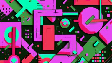 canlı Memphis pop sanat karikatürü Geometrik 2D şekiller funky düz vektör soyut arka plan, siyah taban, pembe cyan yeşil kırmızı izometrik küp dikdörtgen daireler çizgiler çizgiler kaotik sokak sanat titreşimi