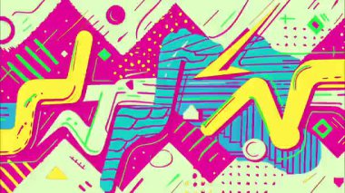 Çizgi roman tarzı pop sanat karikatürü Geometrik 2D şekiller funky düz vektör soyut arka plan, nane yeşili taban, pembe sarı renkli siyah mor çizgiler dalgalı çizgiler benekler üçgenler, graffiti sokak sanat titreşimleri,
