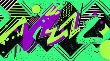 Çizgi roman ana hatları pop sanat karikatürü geometrik 2D şekiller funky düz vektör soyut arka plan, parlak yeşil taban, siyah morumsu sarı cyan kalın grafiti zigzag çizgileri çizgiler yıldız kavisi, kaotik sokak sanat dinamik akışı,