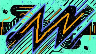 Çizgi roman ana hatları pop sanat karikatürü geometrik 2D şekiller funky düz vektör soyut arka plan, turkuaz taban, siyah turuncu mavi dalgalı zigzag çizgiler noktalar, graffiti sokak sanat dinamik akışı,