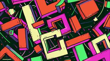 Çizgi roman stili pop sanat karikatürü Geometrik 2D şekiller funky düz vektör soyut arka plan, siyah taban, pembe turuncu yeşil cyan mor 3D izometrik küp dikdörtgen kareler çizgili çizgiler çizgili yıldızlar, kaotik graffiti sokak sanat patlaması,