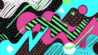 funky düz vektör pop sanat karikatürü geometrik 2D şekiller soyut retro arkaplan, siyah taban, cyan sarı mor parlak zigzag sıçrama çizgileri damlaları, çizgi roman graffiti sokak sanat patlaması, kaotik renk enerji patlaması