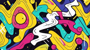 Sokak sanatının graffiti tarzı çizgi roman çizimleri geometrik 2D şekiller funky düz vektör retro arkaplan, sarı taban, mavi beyaz siyah dalgalı organik damlalar damlalar damlalar çizgiler çizgiler çizgiler çizgiler çizgiler daireler, kaotik akış enerjisi, yüksek kontrast