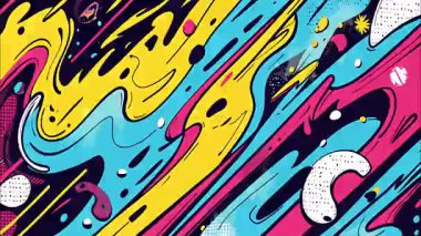 Sokak sanatı grafitisi, çizgi roman tarzı, geometrik 2D şekiller, funky düz vektör retro arkaplan, siyah taban, sarı pembe eflatun dalgalar damlalar damlalar damlalar damlalar çizgiler çizgiler, kaotik çizgi film enerji akışı, canlı yüksek kontrast