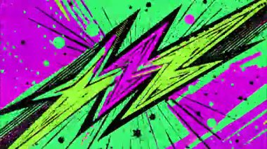 Çizgi roman ana hatları pop sanat karikatürü geometrik 2D şekiller funky düz vektör soyut arka plan, yeşil morumsu taban, siyah sarı yıldırım zikzak çizgileri sıçrama noktaları, graffiti sokak sanatı titreşimi, canlı patlayıcı kontrast