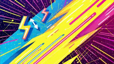 Graffiti sokak sanatı, çizgi roman tarzı, çizgi roman, geometrik 2D şekiller, funky düz vektör retro arkaplan, siyah taban, sarı mavi, mor ışık çizgileri, noktalar, neon hatlı çizgi roman patlaması, canlı dinamik enerji.