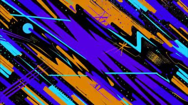 Retro funky düz vektör pop sanat geometrik 2D şekiller çizgi film soyut arkaplan, koyu mavi mor taban, turuncu siyah beyaz fırça çizgileri ışınlar noktalar, patlayıcı soyut hareket etkisi, canlı yüksek kontrast enerji