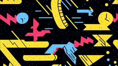 dinamik funky art geometrik 2D karikatür düz vektör retro soyut arkaplan, siyah taban, sarı mavi leke çizgileri zigzag çizgileri üçgenler kareler noktalar yıldızlar, dağınık Memphis kaotik desen, canlı yüksek enerji deseni