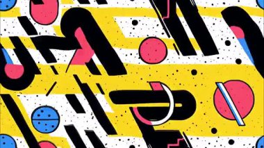 Kavisli siyah şekiller, sarı arkaplan, noktalı dokular, daireler ve çizgiler, cesur minimal pop sanat kompozisyonu, oyuncu grafik tarzı, modern arkaplanlar için yüksek karşıtlık renk düzeni ile soyut retro geometrik desen