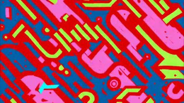 Retro pop sanatının soyut şablonu, yoğun geometrik şekiller, kalın düz kompozisyon, karikatür grafik tarzı, yüksek enerji renkli arkaplan