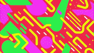 Pop sanatının soyut geometrik deseni, akıcı çizgi film çizgileri ve şekilleri, kalın düz renkler, oyuncu retro grafik arkaplan dokusu