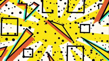 Pop sanat soyut geometrik patlama, çizgi film yıldırımları, el çizimleri ve kareler, enerjik radyal kompozisyon, kalın sarı palet, retro komik arka plan