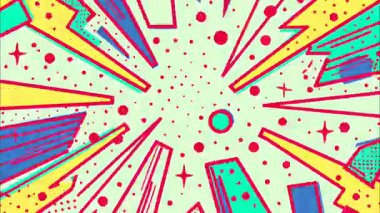 Retro pop sanatının soyut geometrik deseni, patlayıcı dairesel bileşimi, el çizimi karikatür şekilleri, ışınlar, noktalar, üçgenler, kareler, kalın kontrast renkleri, oyuncu dinamik düzen, klasik grafik arka plan