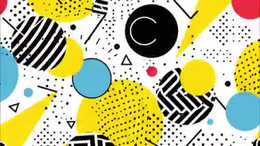 Karmaşık daireler ve üçgenler, yarım tonlu noktalar, siyah beyaz sarı kontrast, soyut geometrik kolaj, komik çizim tarzı, düz grafik dokusu olan Retro çizgi film pop sanat arka planı