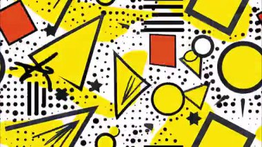 Soyut üçgenler ve daireler, yarım tonlu noktalar, sarı siyah kontrast, şakacı geometrik kolaj, komik çizim tarzı, kalın düz dokuma