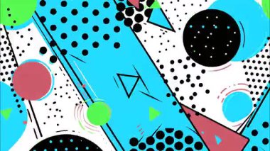 Karmaşık geometrik şekiller, yarım tonlu noktalar, koyu siyah çizgiler, mavi yeşil aksanlar, soyut kolaj deseni, komik illüstrasyon tarzı, oyuncu grafik dokusu