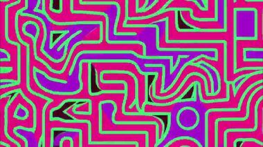 Soyut labirent arka planı, neon pembe ve yeşil akış çizgileri, psikedelik labirent deseni, kalın grafik mizah dokusu, uçuk hareket tasarımı