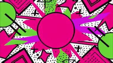 Komik enerji patlaması, pembe çember merkezi, radyal ışınlar, çizgi film şekilleri, pop sanat arka planı