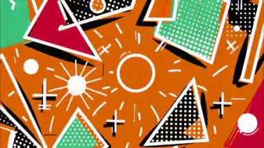 Çizgi roman stili soyut geometrik arkaplan, turuncu alan, üçgen daireler yıldızlar, pop sanat deseni
