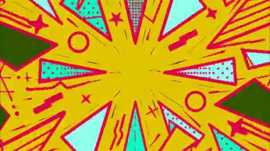 Çizgi roman tarzı soyut patlama arkaplanı, sarı patlama merkezi, kırmızı aksanlar, pop sanat geometrisi