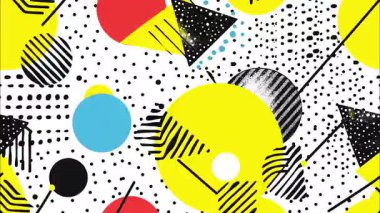 Soyut geometrik karikatür deseni, kalın şekiller arka plan, noktalı ve çizgili pop sanat tasarımı