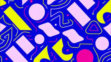 Renkli funky düz vektör pop sanat geometrik 2D şekiller çizgi film soyut retro arka plan, koyu mavi taban, sarı beyaz cyan yeşil daireler dikdörtgen çizgiler kareler damlalar, dağınık Memphis oyuncu kaos, canlı yüksek kontrast