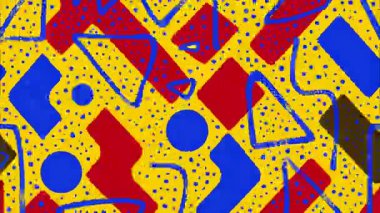 canlı Memphis pop sanat çizgi filmi geometrik 2D şekiller funky düz vektör retro arkaplan, sarı taban, kırmızı mavi siyah yuvarlak lekeler dikdörtgen çizgiler, katmanlı kaotik kompozisyon, kalın renkli yüksek enerji karşıtlıkları