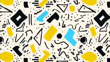 Funk düz vektör pop sanat karikatürü geometrik 2D şekiller soyut retro arkaplan, beyaz taban, siyah mavi cyan düzensiz çizgiler üçgenleri kareler, üçgenler damlalar, kaotik Memphis dağınıklığı, enerjik yüksek kontrast enerjisi