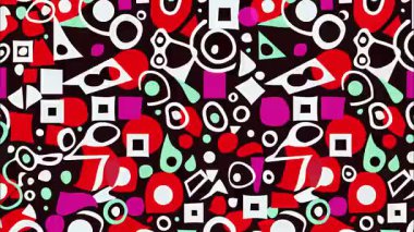 funky düz vektör pop sanat karikatürü geometrik 2D şekiller soyut retro arkaplan, siyah taban, kırmızı beyaz mor çember üçgen çizgiler kaotik Memphis dağılım deseni, canlı yüksek kontrast enerji