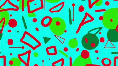 eğlenceli retro pop sanat karikatürü geometrik 2D şekiller funky düz vektör soyut arka plan, turkuaz taban, kırmızı yeşil siyah daireler üçgenler üçgenler çizgiler çizgiler çizgiler kaotik elementler, canlı yüksek kontrast