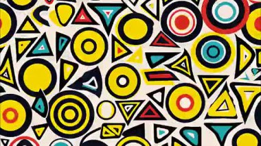 Renkli funky düz vektör pop sanat geometrik 2D şekiller çizgi film soyut retro arkaplan, beyaz taban, siyah kırmızı mavi daireler kare halka noktaları, kaotik Memphis dağılımı, canlı koyu retro kontrast