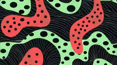 Noktalı şekilli soyut organik desen, koyu dokulu arkaplan, yeşil turuncu akış biçimi, siyah dalga çizgileri, el çizimi tarzı, kalın kontrast düz çizim, ritmik organik bileşimli dışavurumsal soyut doku