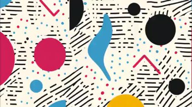 Krem arka planda soyut Memphis deseni, renkli daireler ve noktalar, siyah eğri çizgiler, mavi yay, kırmızı ve sarı yuvarlak şekiller, el çizimi grafik elementler, şakacı düz çizim, dinamik bileşimli dekoratif soyut doku