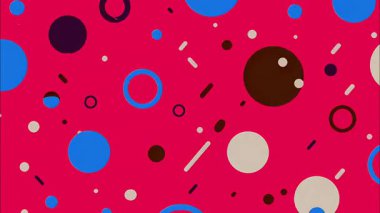 Parlak pembe arkaplanda soyut renk deseni, dağınık çember ve noktalar, mavi yeşil kahverengi aksanlar, eğri çizgiler, oyuncu geometrik kompozisyon, düz modern çizim, dinamik grafik elementlerle canlı soyut doku