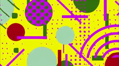 Sarı zemin üzerinde soyut canlı Memphis deseni, neon pembe çizgiler, yeşil daireler, mavi noktalar, geometrik şekiller, oyuncu cesur çizimler, renkli düz tasarım, enerjik soyut doku, retro pop sanatından esinlenilmiş grafik kompozisyonu