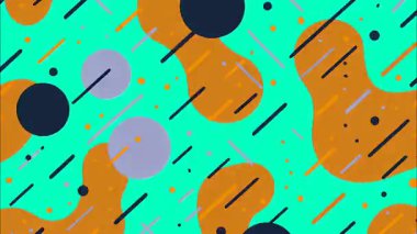 Soyut renkli Memphis deseni, turkuaz arka plan turuncu organik lekeler, koyu mavi daireler, açık gri noktalar, çapraz çizgiler, dağınık çizgiler, neşeli geometrik şekiller, modern düz çizimler, canlı grafik dokusu, dinamik bileşim