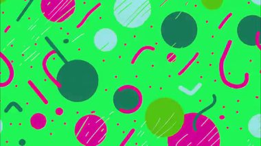Yeşil soyut karikatür arka planı, renkli lekeler, oyuncu şekiller, modern çizgi roman tarzı
